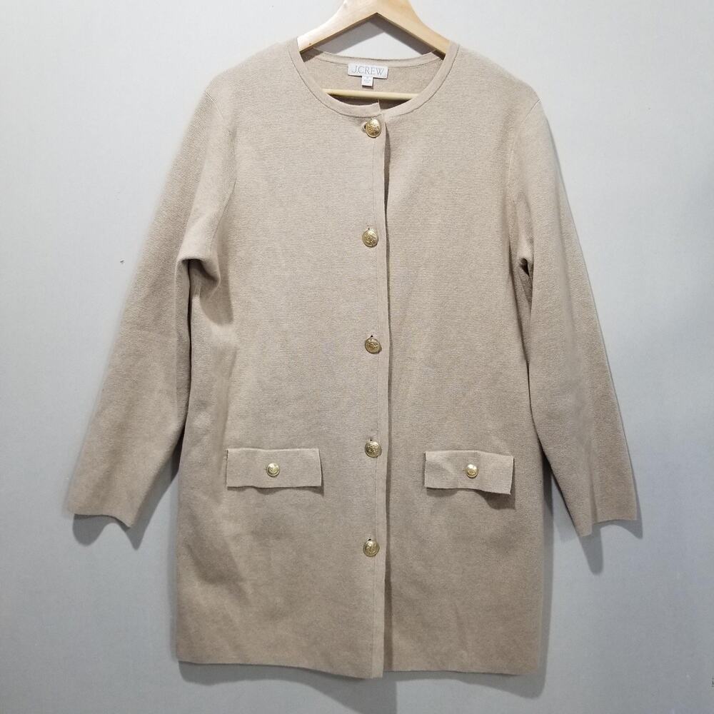 J Crew Sweater Jacket Womens Medium Beige Cotton Long Cardigan Coat Gold Buttons